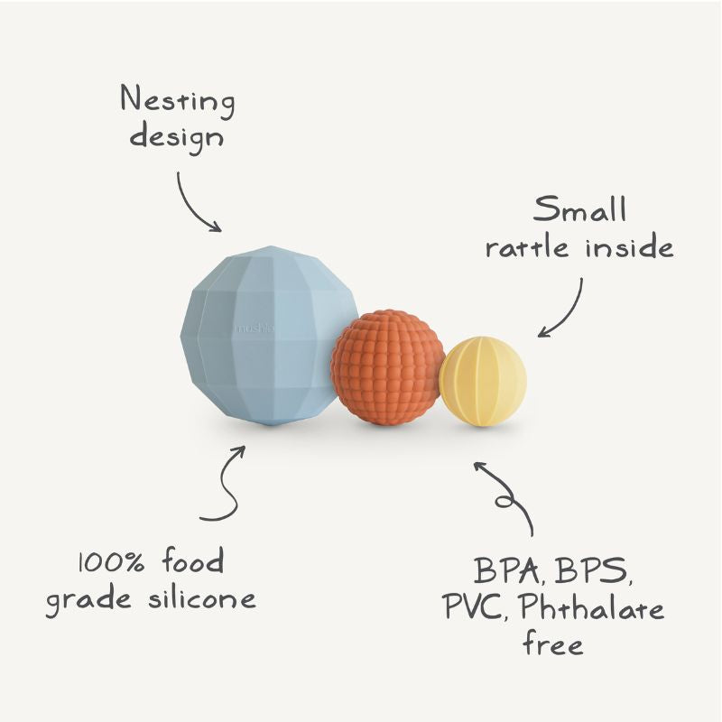 Mushie Nesting Spheres Sensory Toy 3 drie ballen sensorisch speelgoed siliconen verschillende structuren in elkaar korting almelo