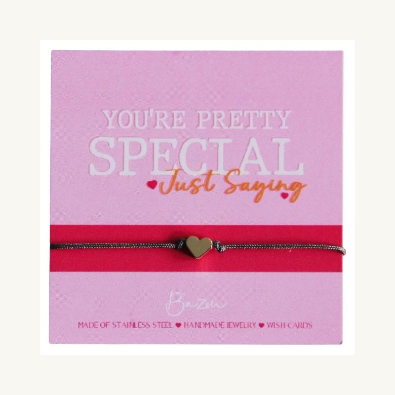 bazou wenskaart armbandje cadeau cadeautje kado wenskaart armband hartje hart lief moeder moederdag mama satijnen satijn schuifknoop hartbedel koraal hartjes you're pretty special 