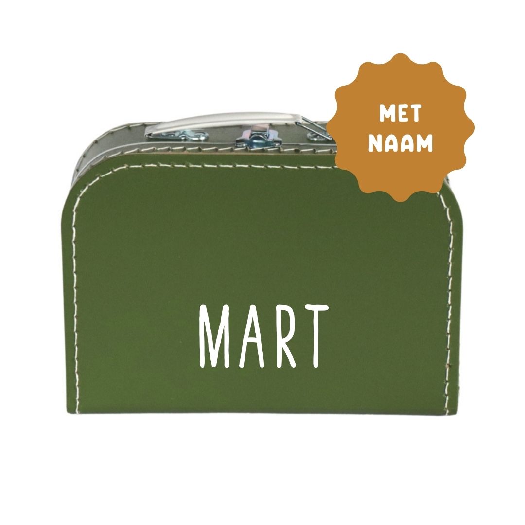Koffertje met naam Olijfgroen 25cm - gepersonaliseerd