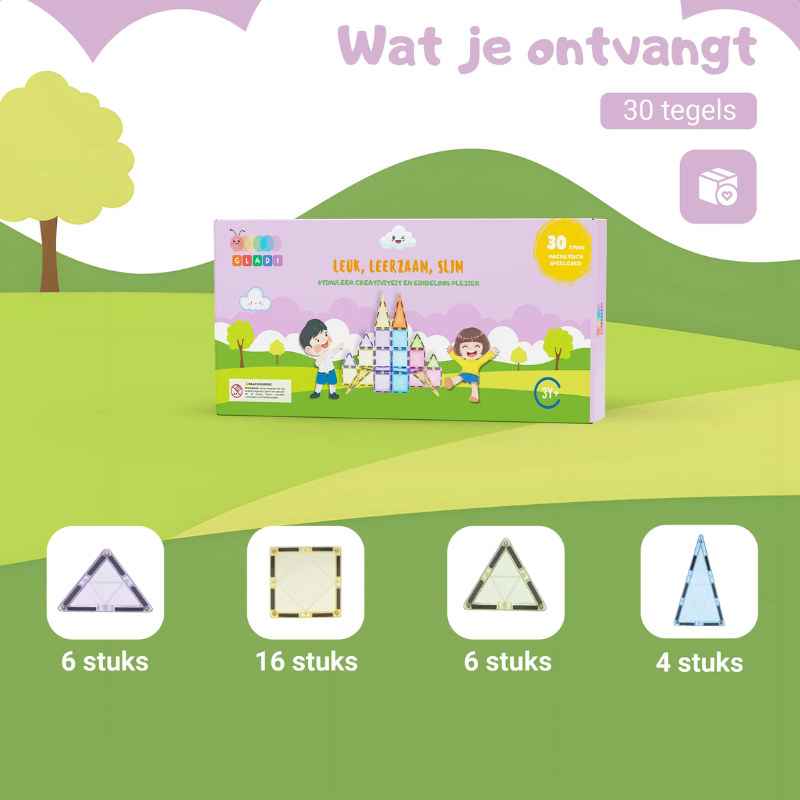 Gladi Magnetische tegels - Pastel kleuren - 30 stuks