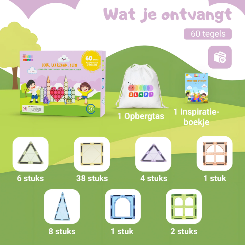 Gladi Magnetische tegels - Pastel kleuren 60 stuks