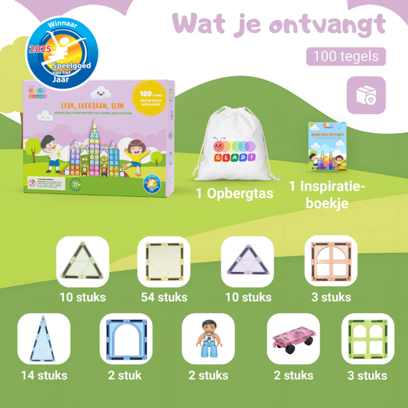 Gladi Magnetische tegels - Pastel kleuren 100 stuks