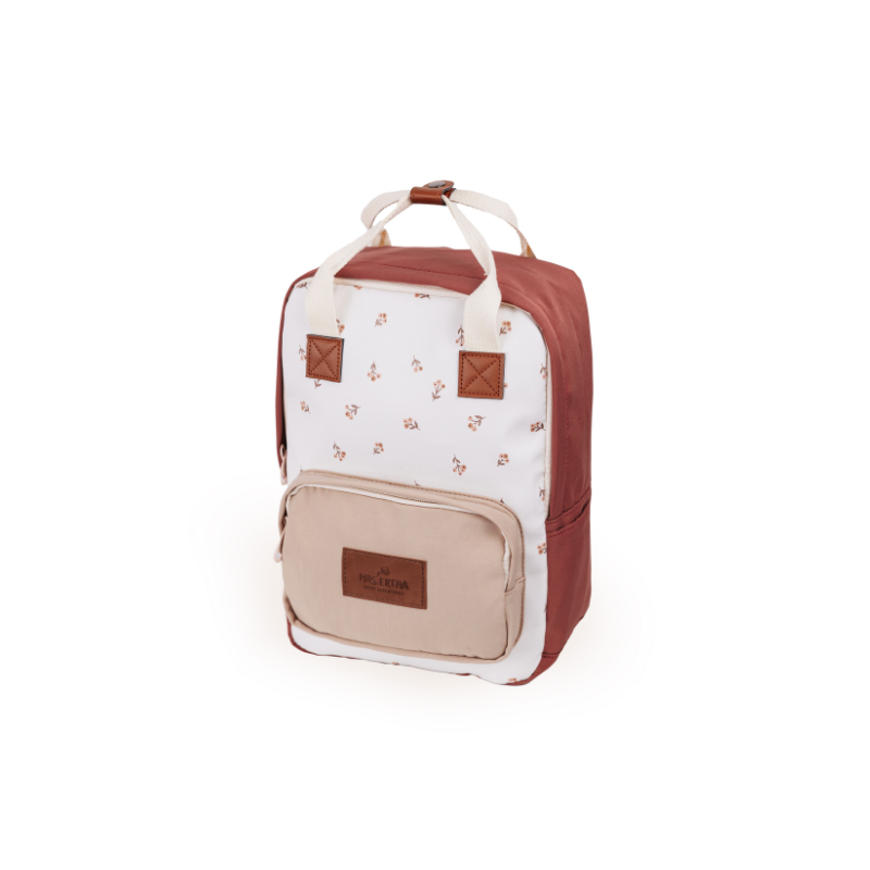 rugtas schooltas rugzak tas school mrs ertha groot klein kleine grote mrs. aardbeien aardbeitjes poederkleuren strawberry mood bruin roze rits vakken basisschool peuter kleuter kleuterklas peuterklas bloemen bloemetjes flower buds roze rood