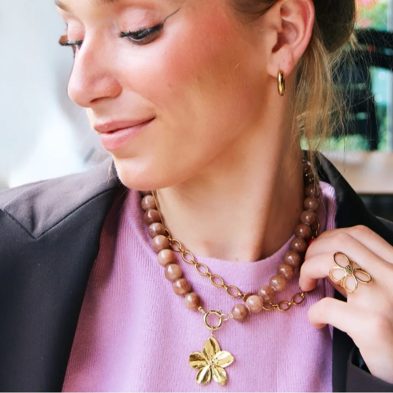 Bazou - Kralenketting van natuursteen XL - Bruin mokka