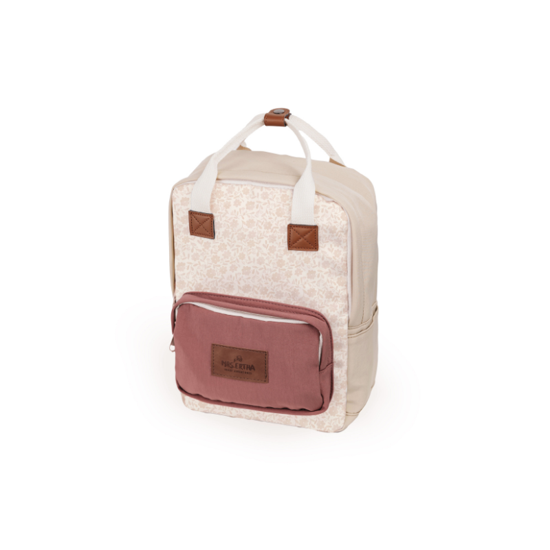 rugtas schooltas rugzak tas school mrs ertha groot klein kleine grote mrs. aardbeien aardbeitjes poederkleuren strawberry mood bruin roze rits vakken basisschool peuter kleuter kleuterklas peuterklas bloemen bloemetjes bouquet silhouette 