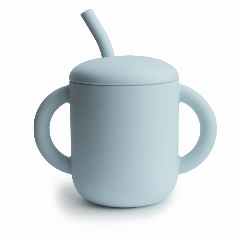 mushie silliconen training straw cup silicoon rietje drinken baby peuter rietjesbeker blush roze powder blue drinkbeker klein kind korting almelo twente 