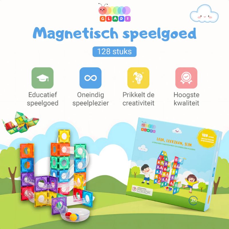 Gladi - Magnetische knikkerbaan - 128 stuks