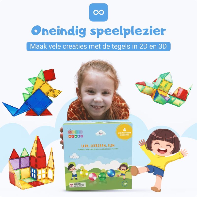 Gladi Magnetische tegels - 4 delige set Led knikkers