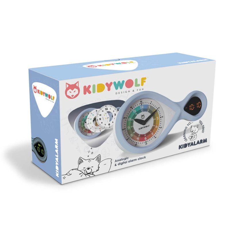 Kidywolf kidyalarm wekker kinderen analoge digitale tijd moeite met klokkijken spelend leren opbouw van moeilijkheid meloen roze klok leren kijken klokje naast bed google bing munt blauw 