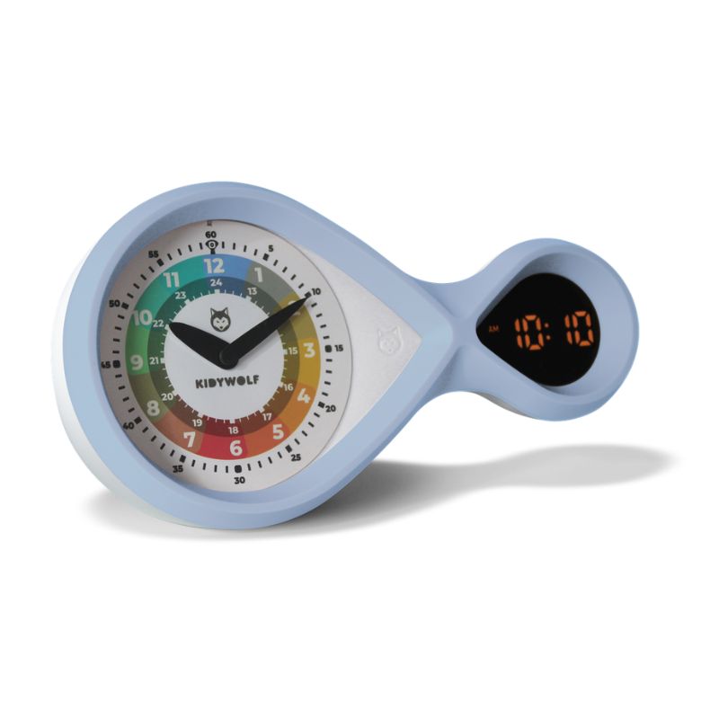Kidywolf kidyalarm wekker kinderen analoge digitale tijd moeite met klokkijken spelend leren opbouw van moeilijkheid meloen roze klok leren kijken klokje naast bed google bing munt blauw 