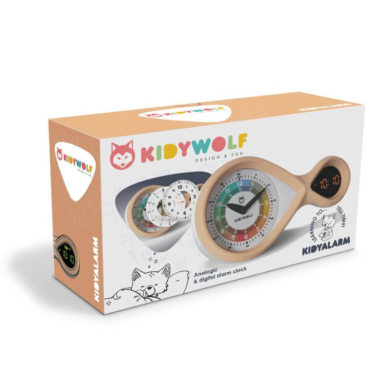 Kidywolf kidyalarm wekker kinderen analoge digitale tijd moeite met klokkijken spelend leren opbouw van moeilijkheid meloen roze klok leren kijken klokje naast bed google bing