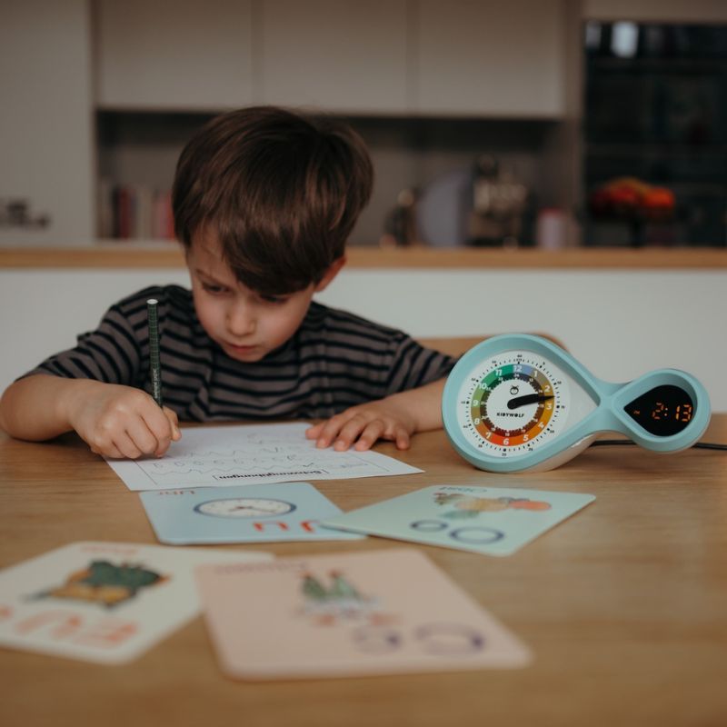 Kidywolf kidyalarm wekker kinderen analoge digitale tijd moeite met klokkijken spelend leren opbouw van moeilijkheid meloen roze klok leren kijken klokje naast bed google bing munt blauw 