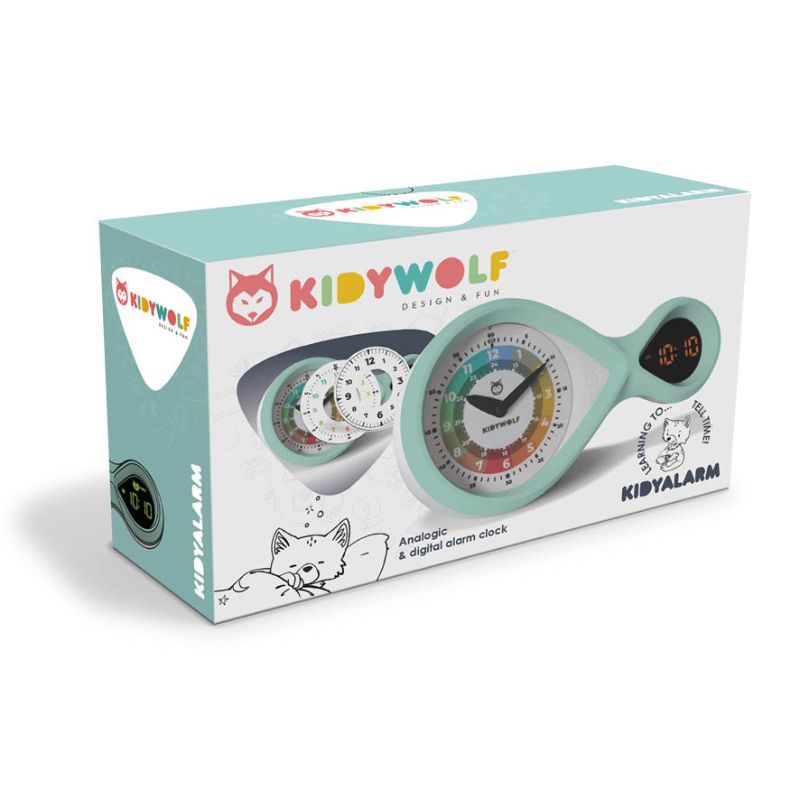 Kidywolf kidyalarm wekker kinderen analoge digitale tijd moeite met klokkijken spelend leren opbouw van moeilijkheid meloen roze klok leren kijken klokje naast bed google bing munt blauw 
