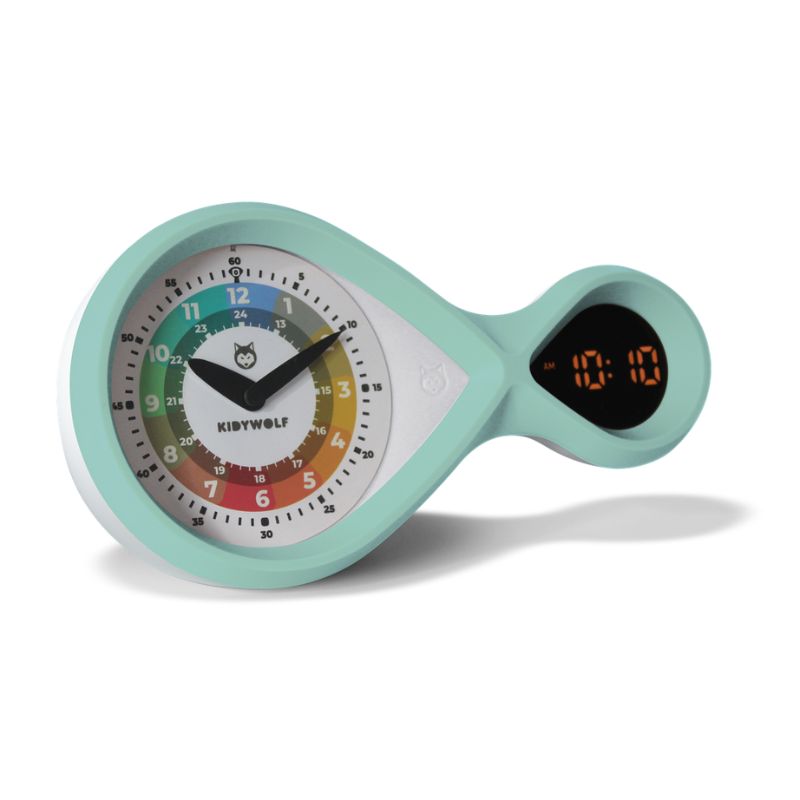 Kidywolf kidyalarm wekker kinderen analoge digitale tijd moeite met klokkijken spelend leren opbouw van moeilijkheid meloen roze klok leren kijken klokje naast bed google bing munt blauw 