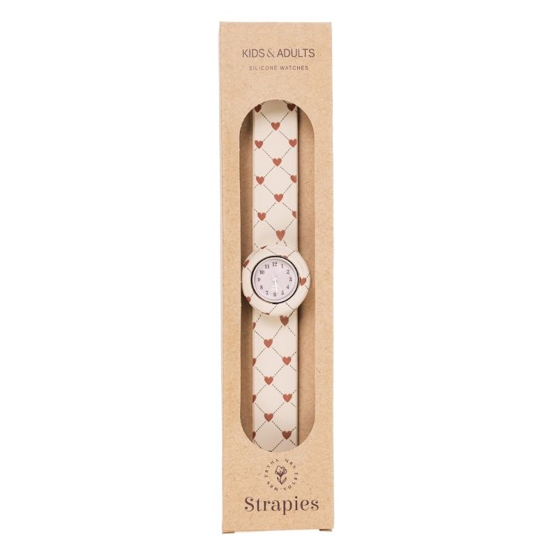 Mrs Ertha Mrs. Horloge klokje watch strapies silliconen bandje stip unique dots stippen stipjes klapbandje omslaan hartjes lovely roots kind volwassene hart klok tijd leren klokkijken peanut bruin beige lovely roots hartjes hart wit rood 