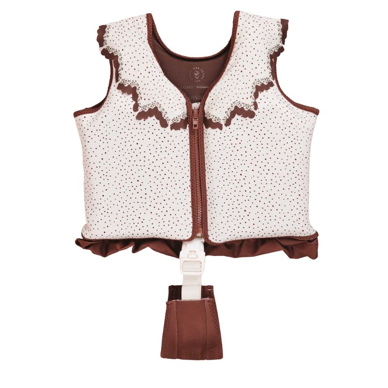 Mrs Ertha Mrs. puddlies zwemvest bandjes zwemmen zwemband zwemvleugels vestje zwemvestje lovely roots magic garden zwemmen zwembad zwembescherming unique dots collar kraag stip stipjes roze wit rood boot 