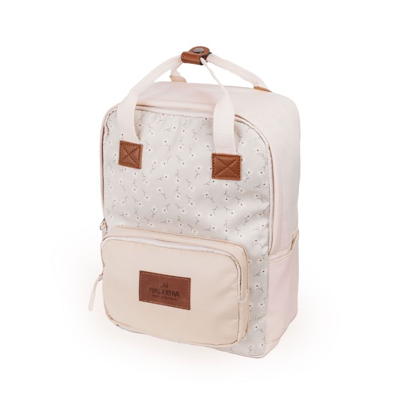 rugtas schooltas rugzak tas school mrs ertha groot klein kleine grote mrs. aardbeien aardbeitjes poederkleuren strawberry mood bruin roze rits vakken basisschool peuter kleuter kleuterklas peuterklas bloemen bloemetjes little daisy 
