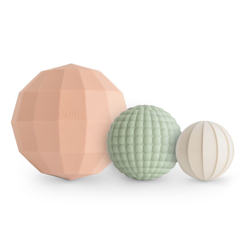 Mushie Nesting Spheres Sensory Toy 3 drie ballen sensorisch speelgoed siliconen verschillende structuren in elkaar korting almelo blauw oranje geel blush roze groen wit 