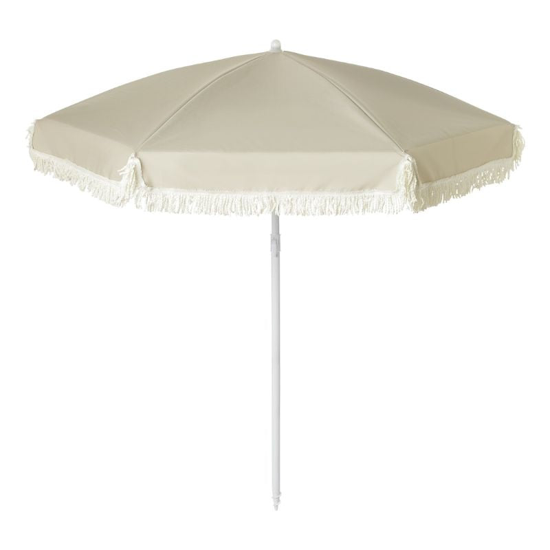 beach parasol vanilla copenhagen strand franje oyster grey grijs uv50+ seashell schelpen zee zon vakantie zomer sun protection baby 3 strandparasol uvparasol