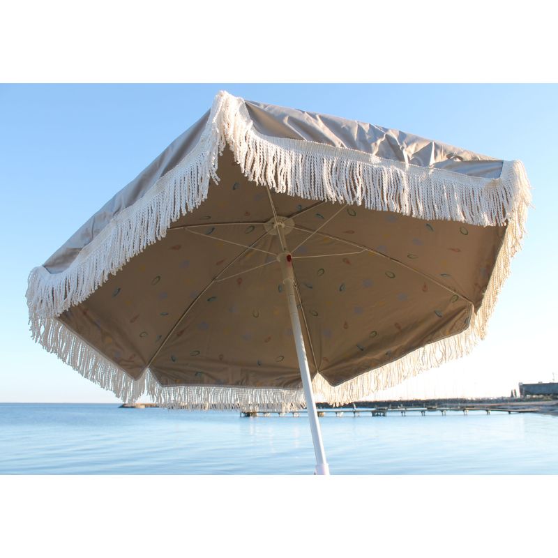 beach parasol vanilla copenhagen strand franje oyster grey grijs uv50+ seashell schelpen zee zon vakantie zomer sun protection baby 3 strandparasol uvparasol