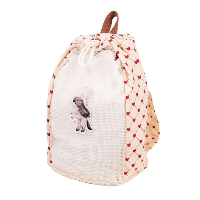 mrs ertha mrs. beach net backpak rugzak rugtas strand strandtas net gaatjes zand spelen speelgoed strandspeelgoed  almelo tas spelen bloemen magic garden bloemetjes lovely roots hartjes harten wit rood