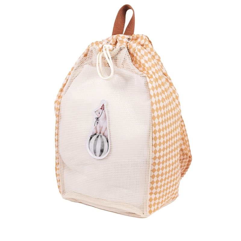 mrs ertha mrs. beach net backpak rugzak rugtas strand strandtas net gaatjes zand spelen speelgoed strandspeelgoed lovely roots hartjes speckled diamond almelo tas spelen